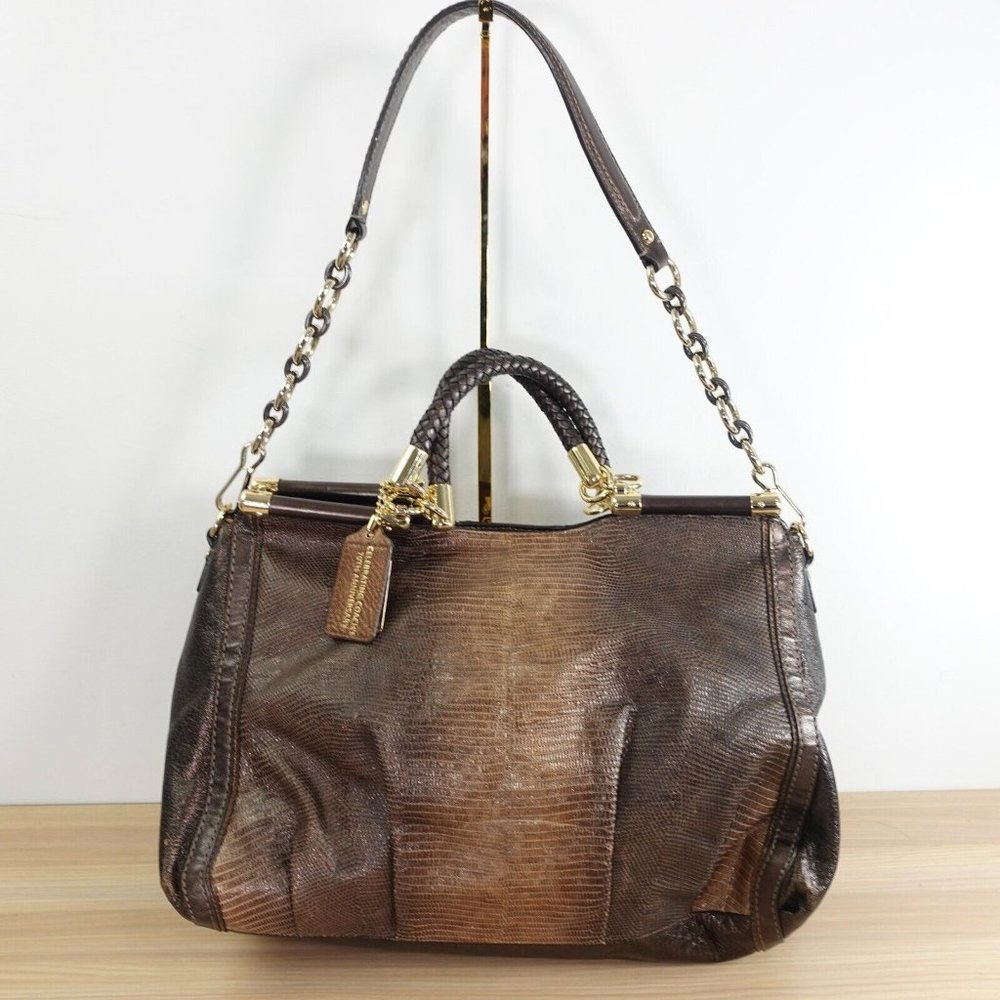 VINTAGE‎ Coach Bag Brown Leather Shoulder Lizard Chain RARE 70TH ANNIVERSARY - Picture 2 of 16